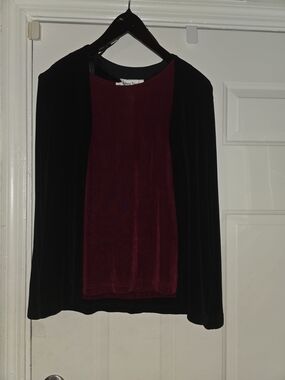 Ronni Nicole 3 Piece Pant Set with Dark Red Scoop Neck Short Sleeve Blouse